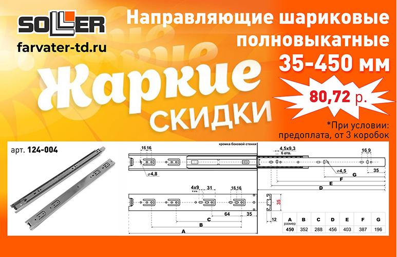 Акция! Направляющие шариковые, полновыкатные 35х450мм
