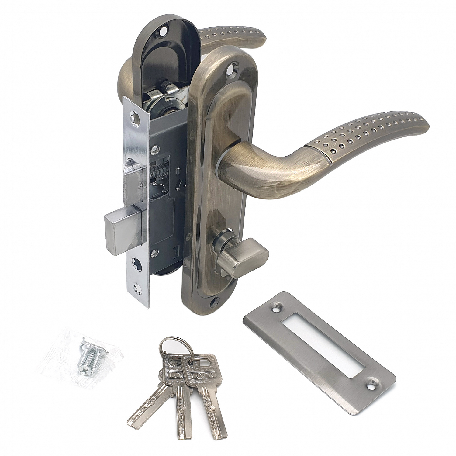 50/106AB Замок врезной с ручками на планке бронза,кл/в, м/ц никель 6/24 ЦМВ70