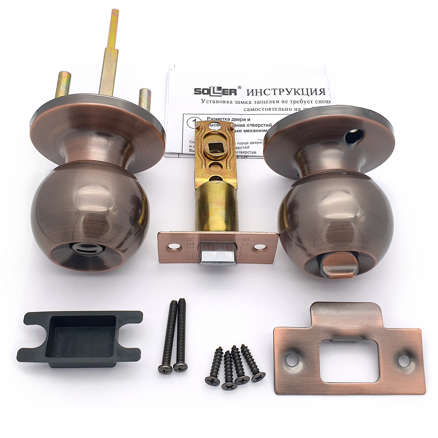 Ручка-защелка /кноб/ межкомнатная SOLLER ЗШ-03 ВКAC медь без ключа с фиксатором