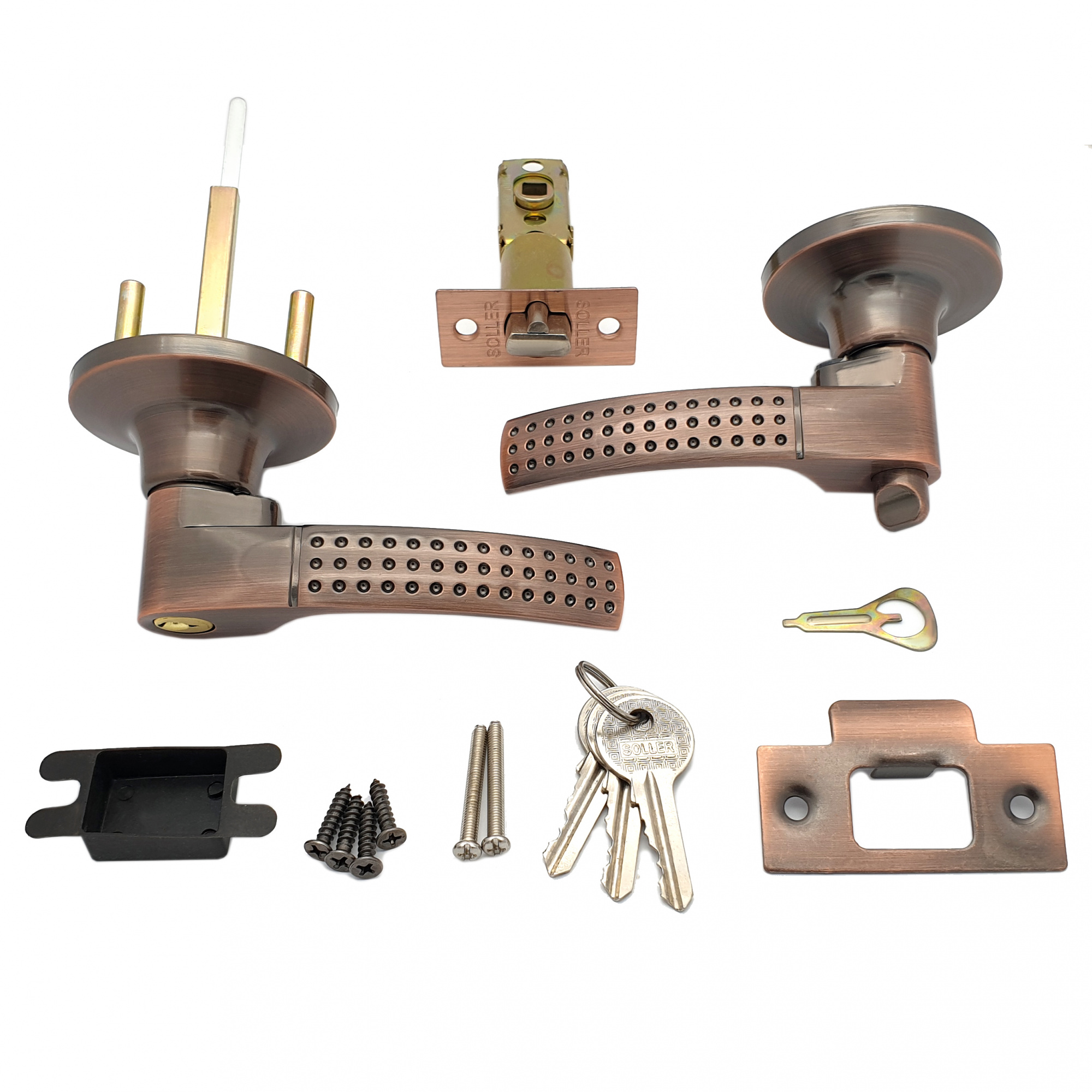 Ручка-защелка нажимная межкомнатная SOLLER R 3903 ETAC медь с ключом и фиксатором