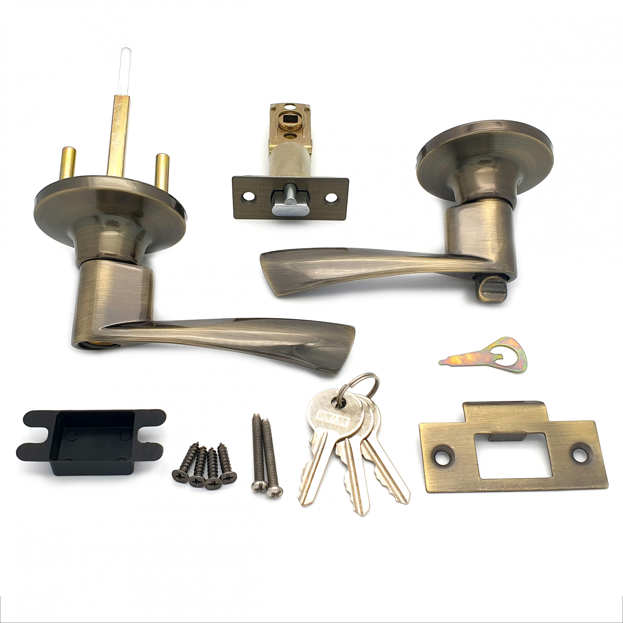 Ручка-защелка нажимная межкомнатная SOLLER R 860 ETАB бронза с ключом и фиксатором