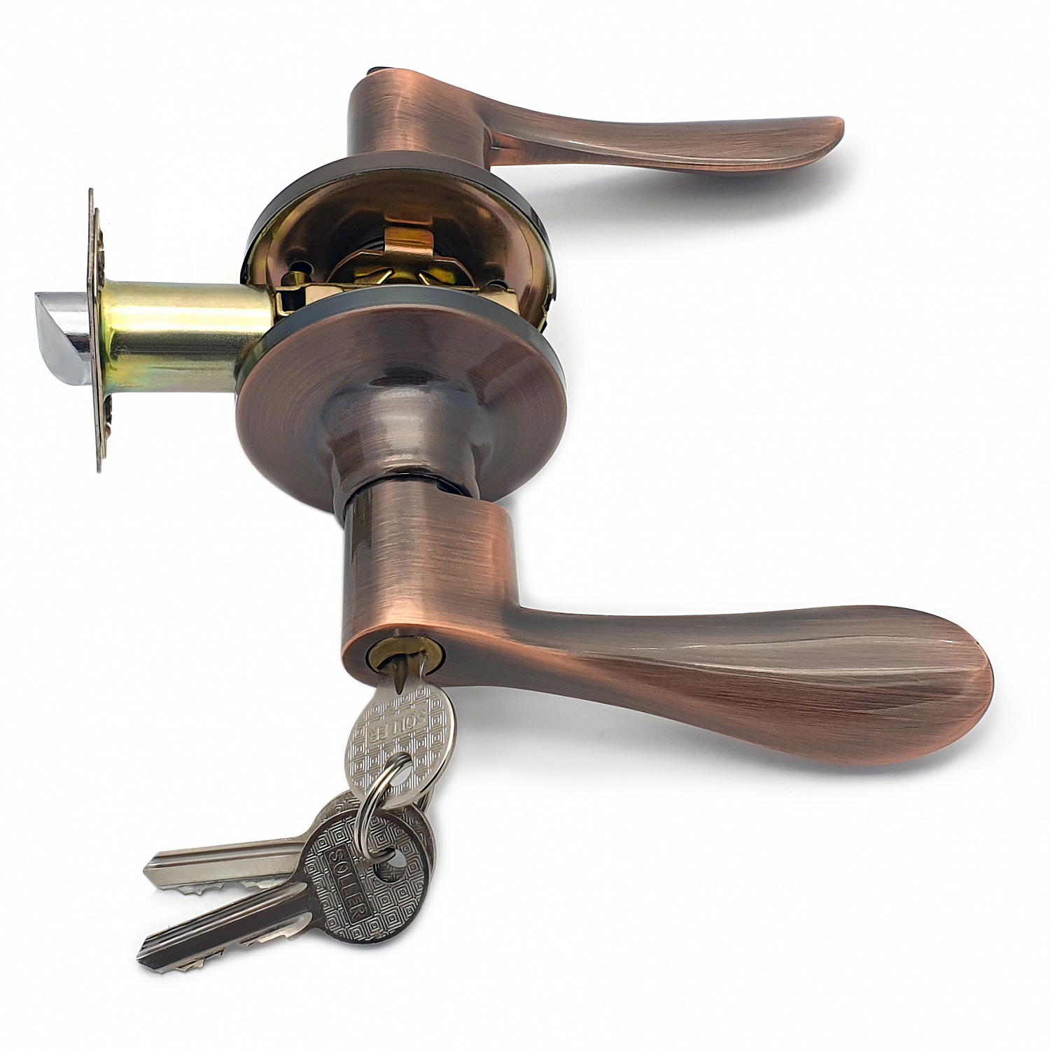 Ручка-защелка нажимная межкомнатная SOLLER R 891 ETAC медь с ключом и фиксатором