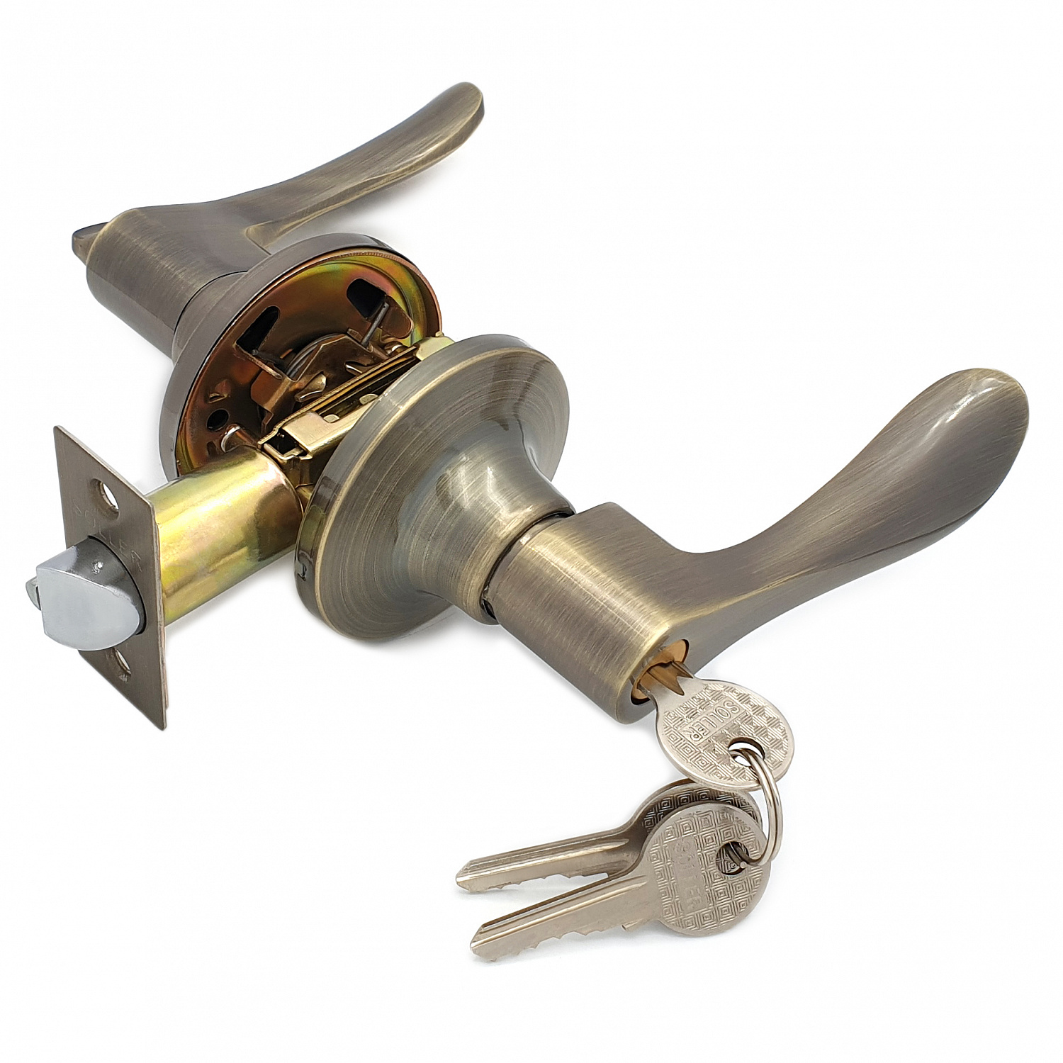 Ручка-защелка нажимная межкомнатная SOLLER R 891 ETАB бронза с ключом и фиксатором