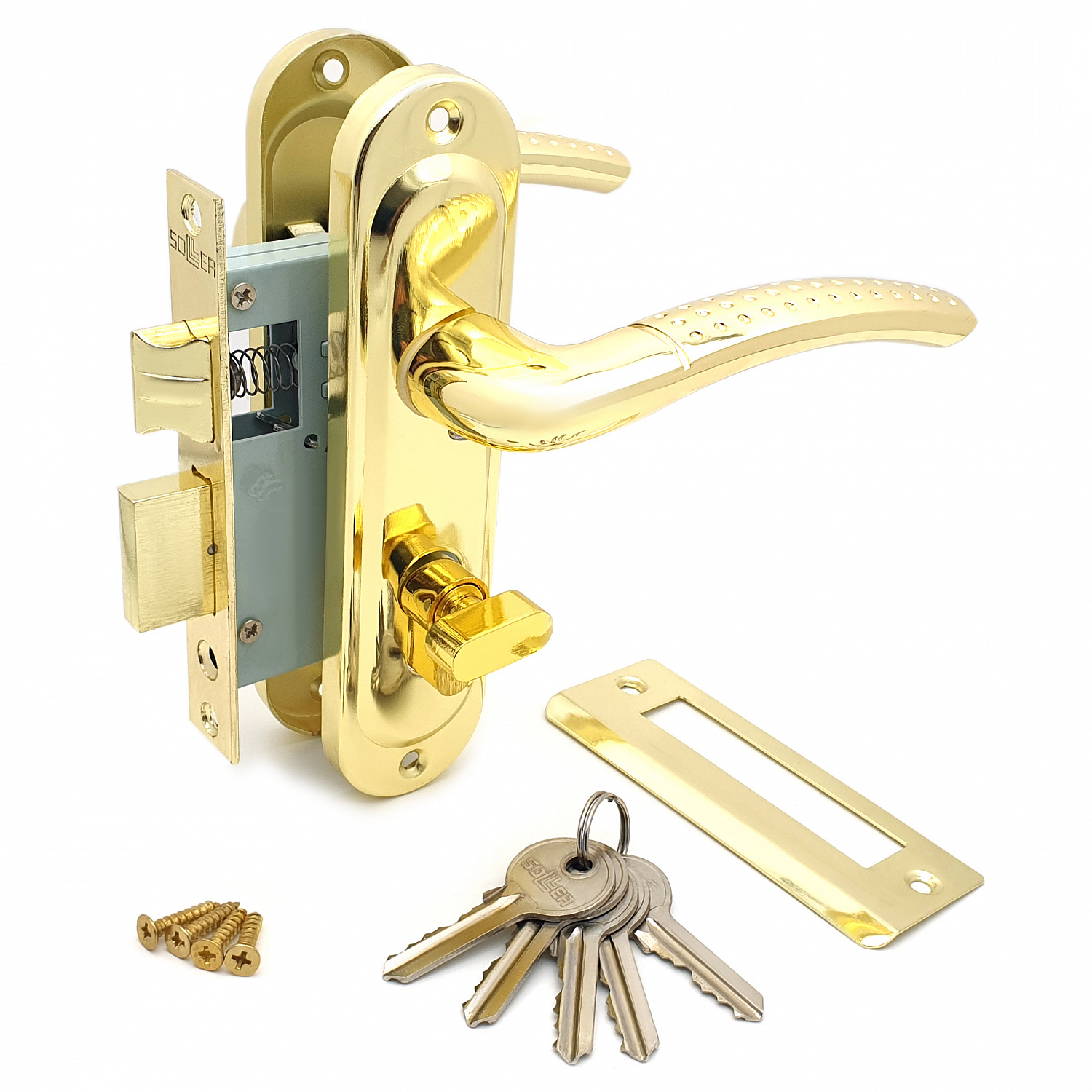 Замок врезной с ручками на планке SOLLER 50/106PB золото ключ-вертушка ЦМВ70