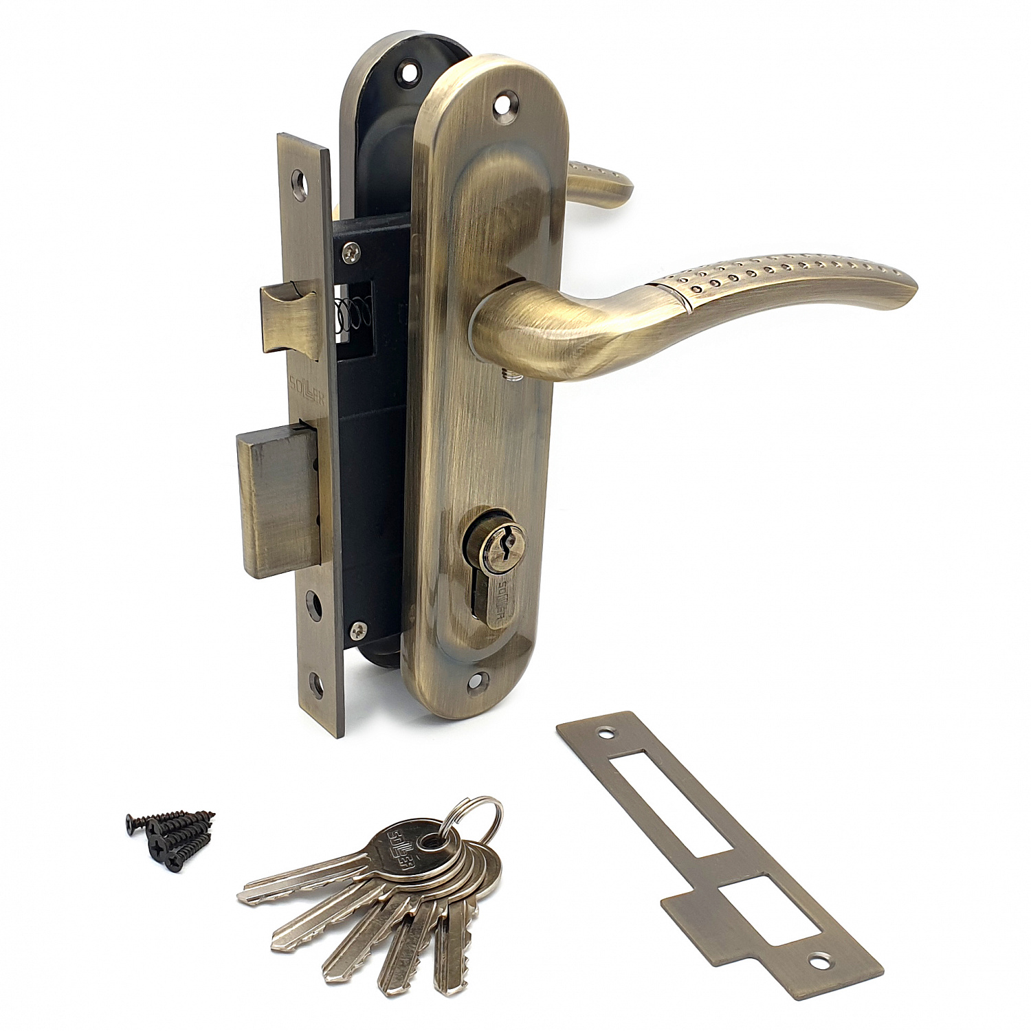 Замок врезной с ручками на планке SOLLER 61/106AB бронза ключ-ключ