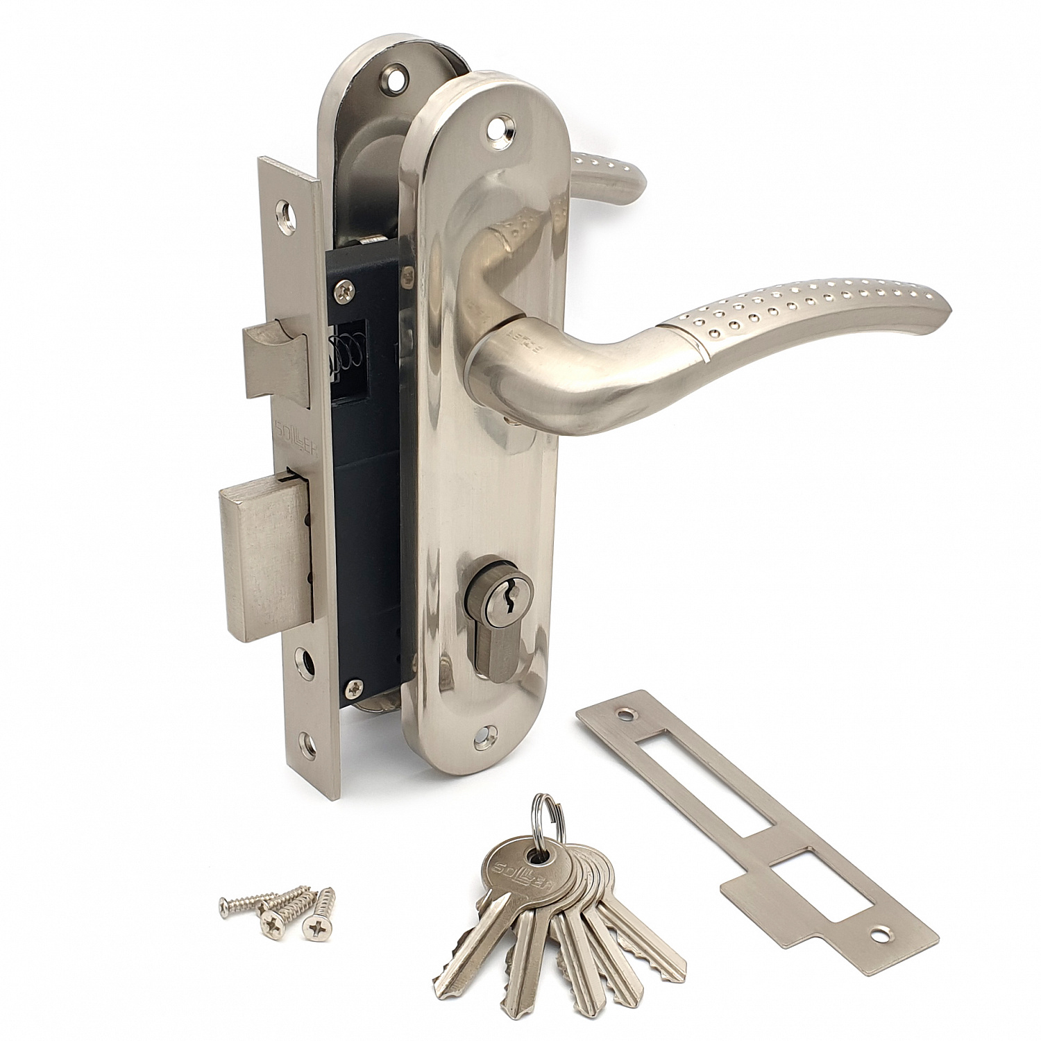 Замок врезной с ручками на планке SOLLER 61/106SN никель ключ-ключ