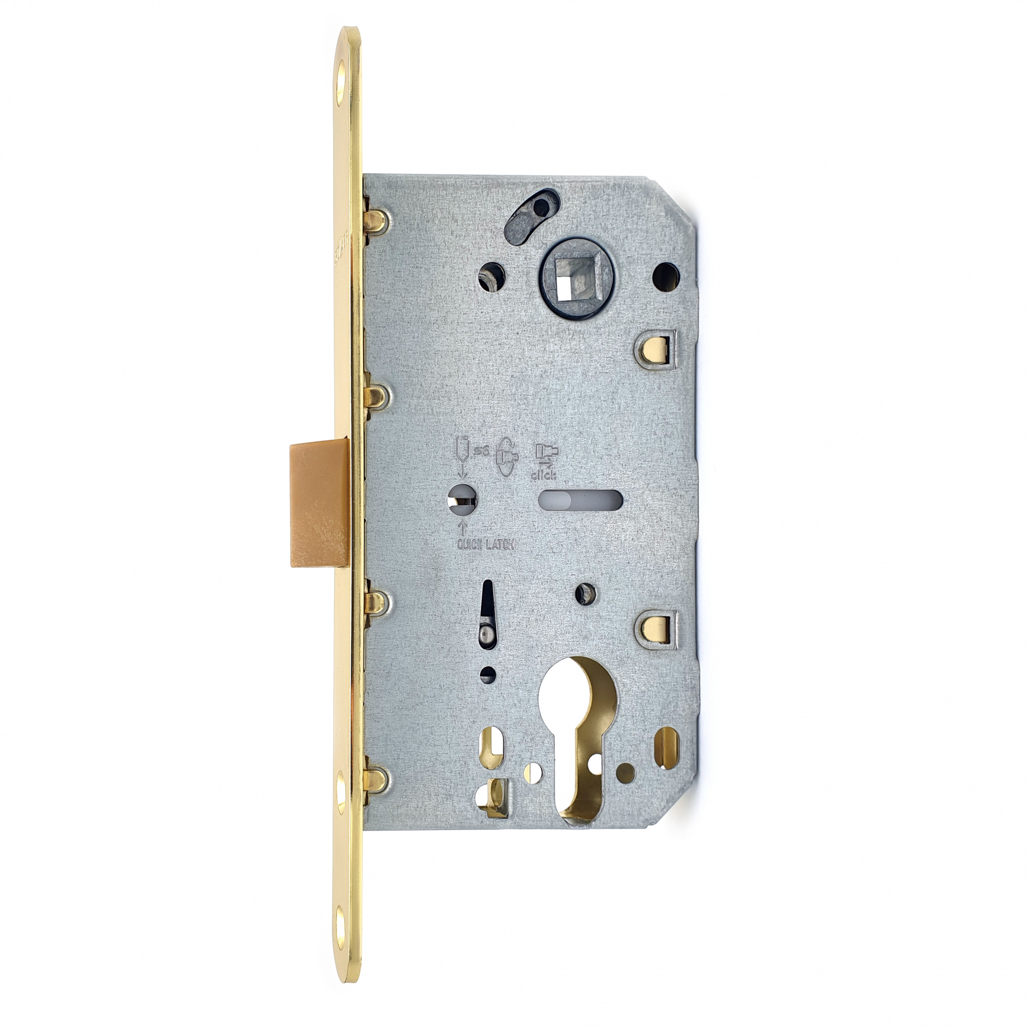 Замок врезной бесшумный для межкомнатных дверей SOLLER 600ЕТ-РВ золото под ключ (цилиндровый механизм)