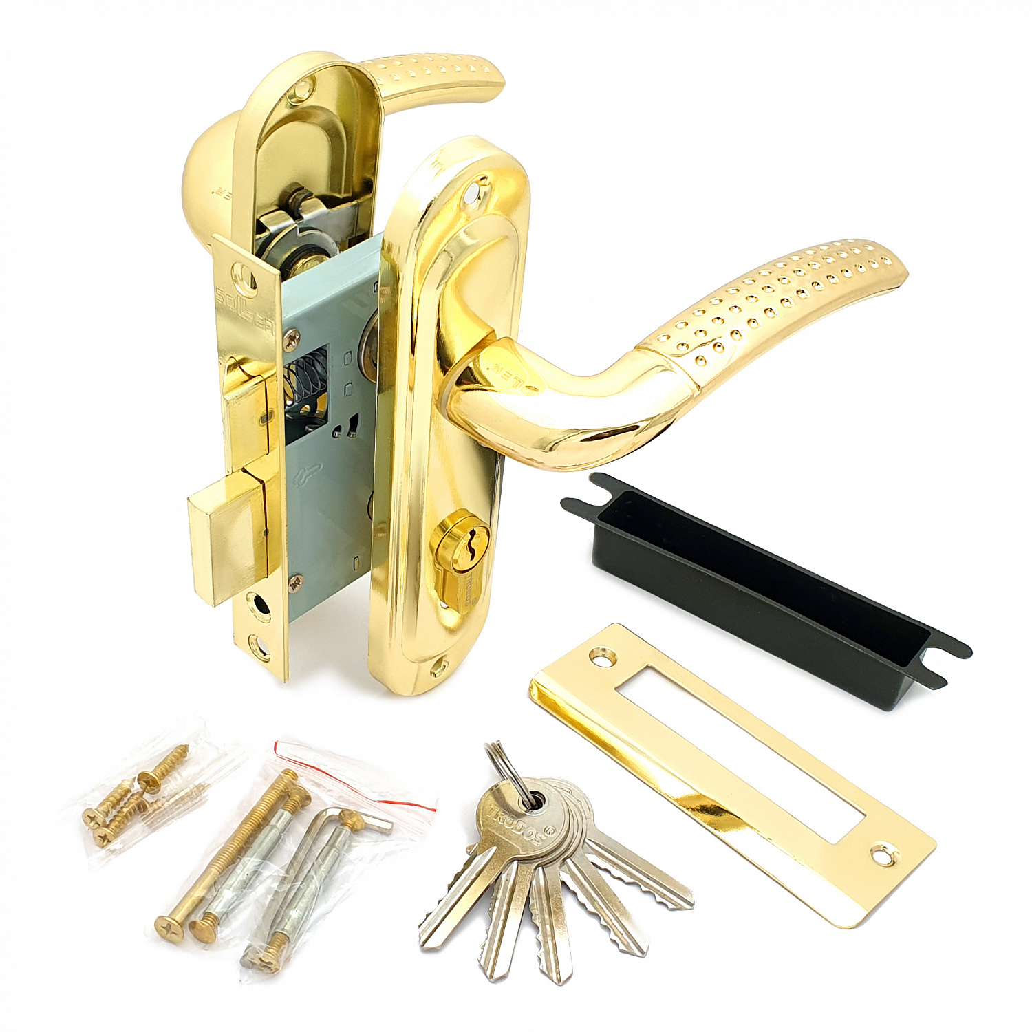 50/106PB Замок врезной с ручками на планке ключ-ключ золото 