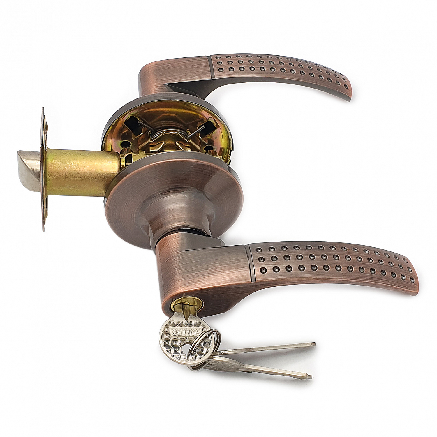 Ручка-защелка нажимная межкомнатная SOLLER R 3903 ETAC медь с ключом и фиксатором