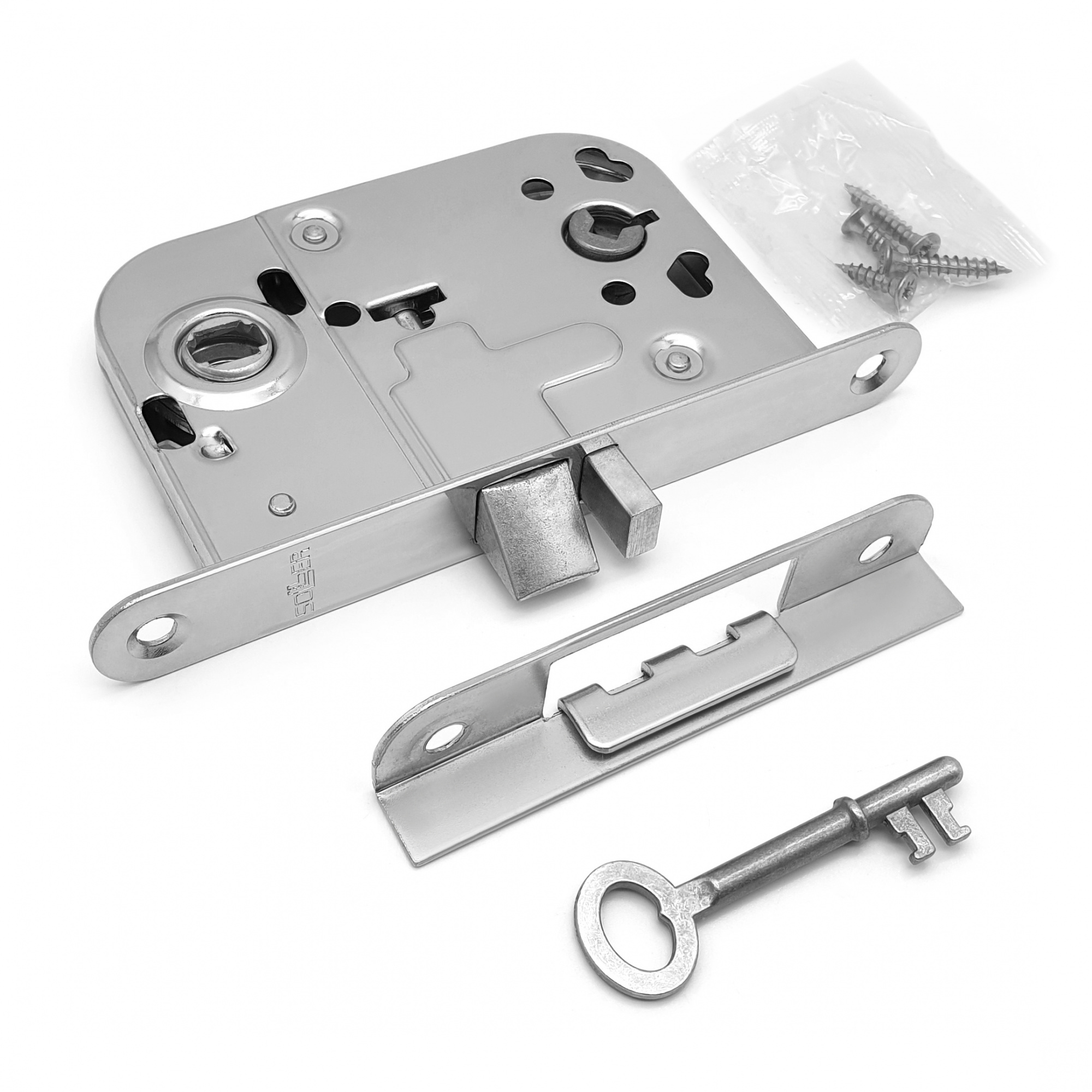 Замок врезной для дверей с притвором SOLLER 2014-CP хром (72мм 8мм) ключ/флажок с ответной планкой 30 мм