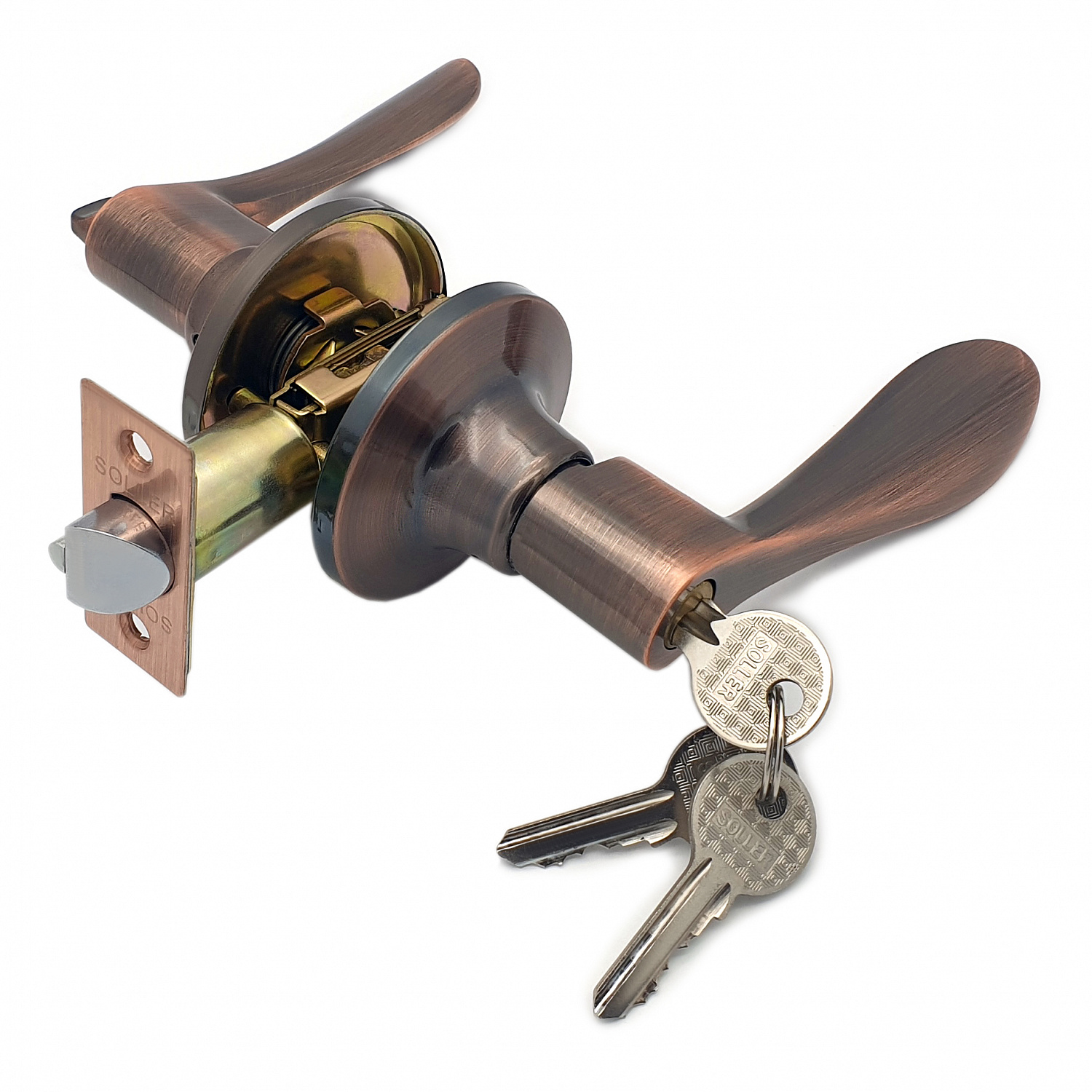 Ручка-защелка нажимная межкомнатная SOLLER R 891 ETAC медь с ключом и фиксатором