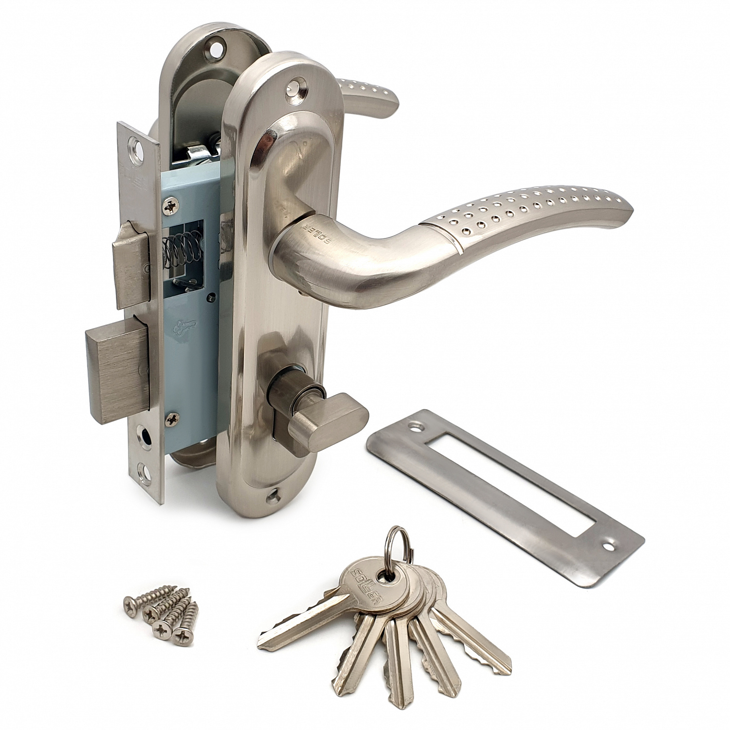 Замок врезной с ручками на планке SOLLER 50/106SN никель ключ-вертушка ЦМВ70