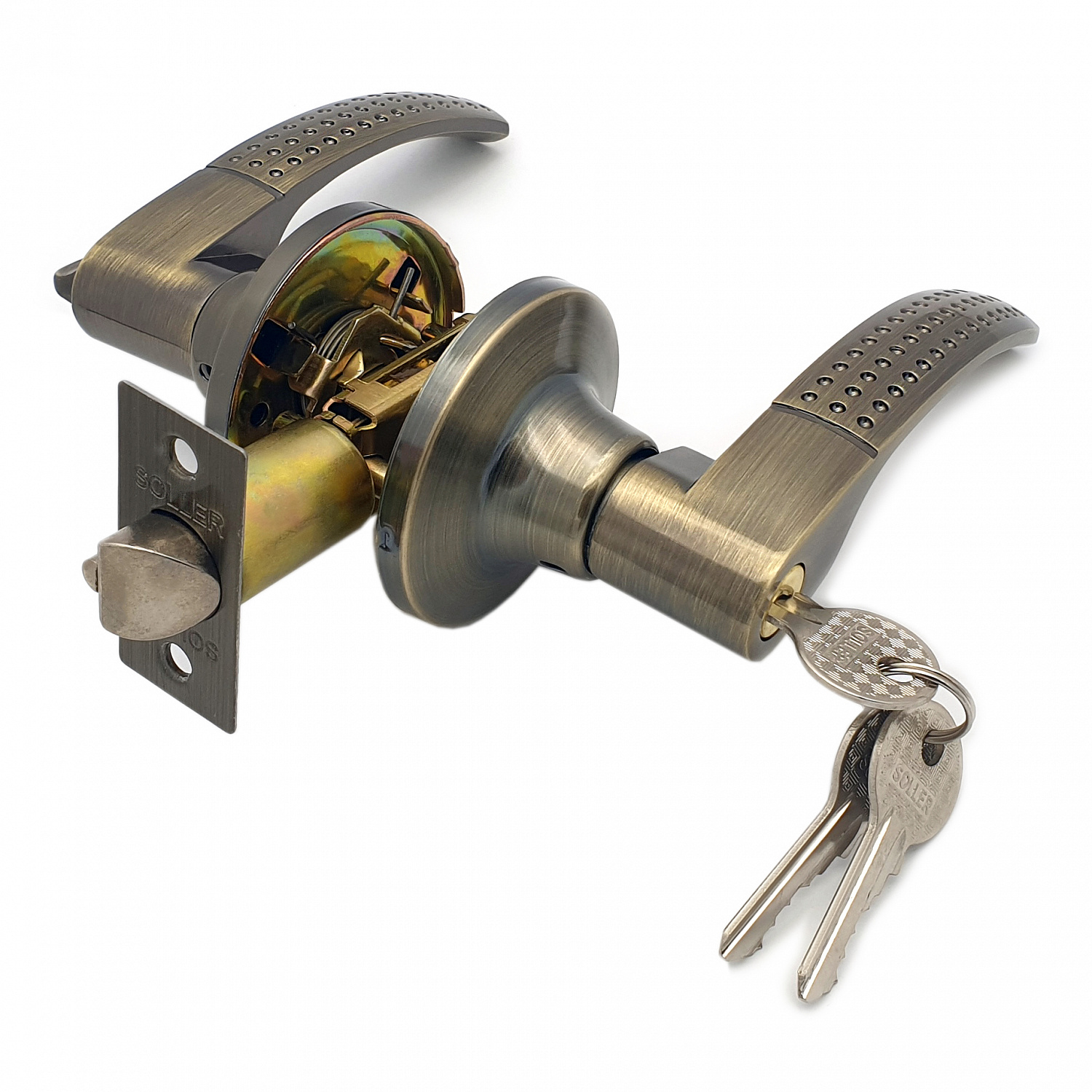 Ручка-защелка нажимная межкомнатная SOLLER R 3903 ETАB бронза с ключом и фиксатором