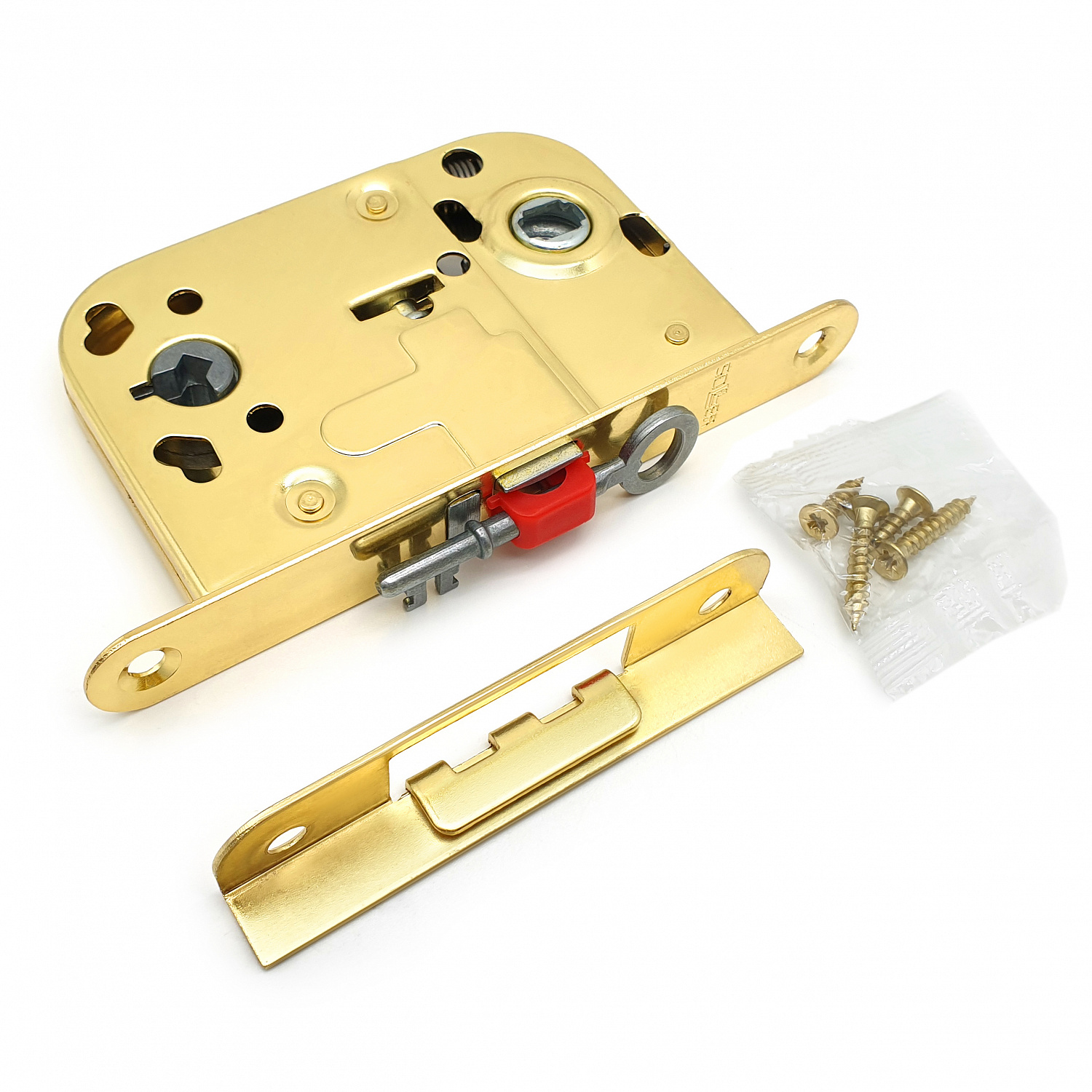 Замок врезной для дверей с притвором SOLLER 2014-PB золото (72мм 8мм) ключ/флажок с ответной планкой 30 мм