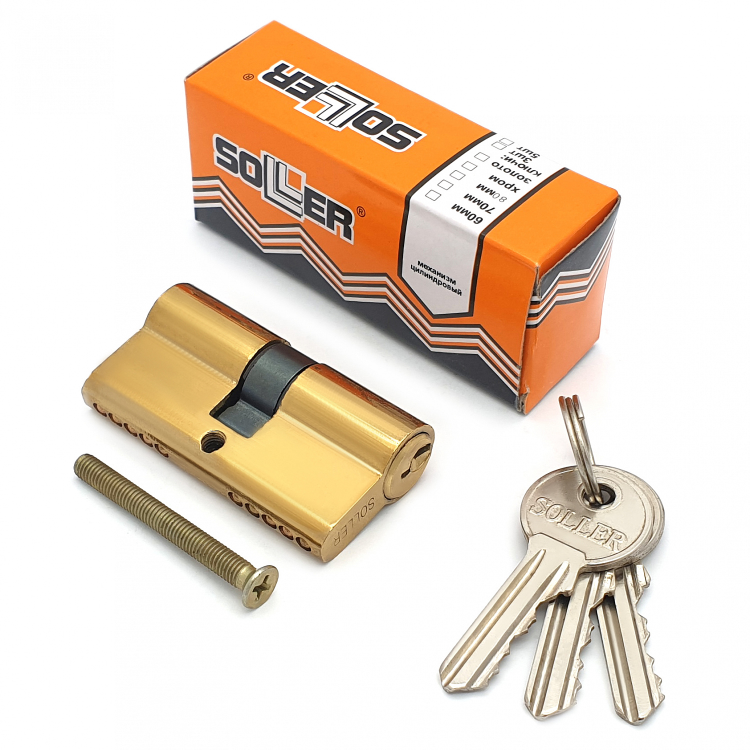Механизм цилиндровый SOLLER F3 золото 60мм, 3 ключа латунь/металл (25+10+25) Cu.S