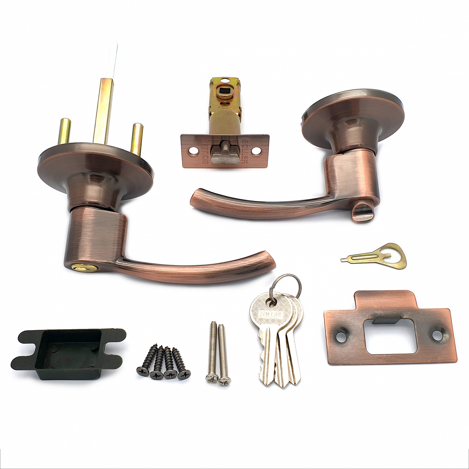 Ручка-защелка нажимная межкомнатная SOLLER R 3905 ETAC медь с ключом и фиксатором