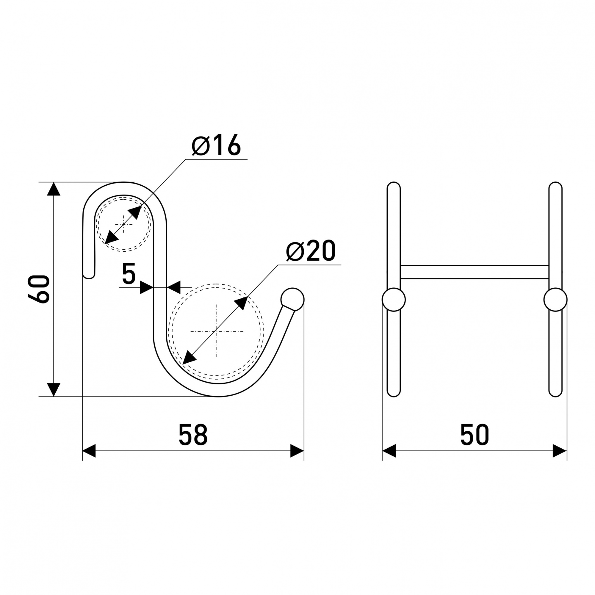 Крючок S-образный двойной для рейлинга d-16 мм SOLLER АЕ-415 шарик