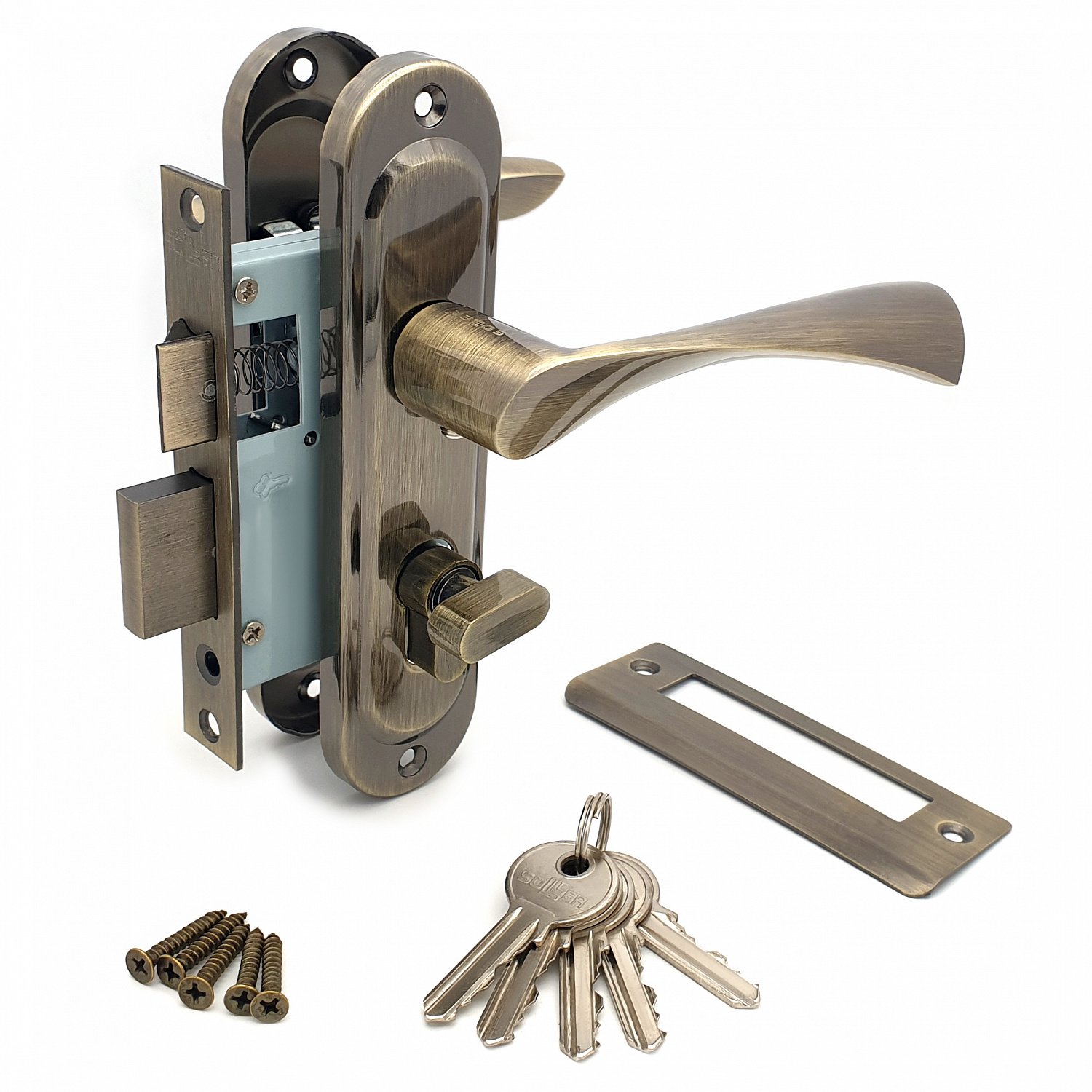 Замок врезной с ручками на планке SOLLER 50/76AB бронза ключ-вертушка ЦМВ70