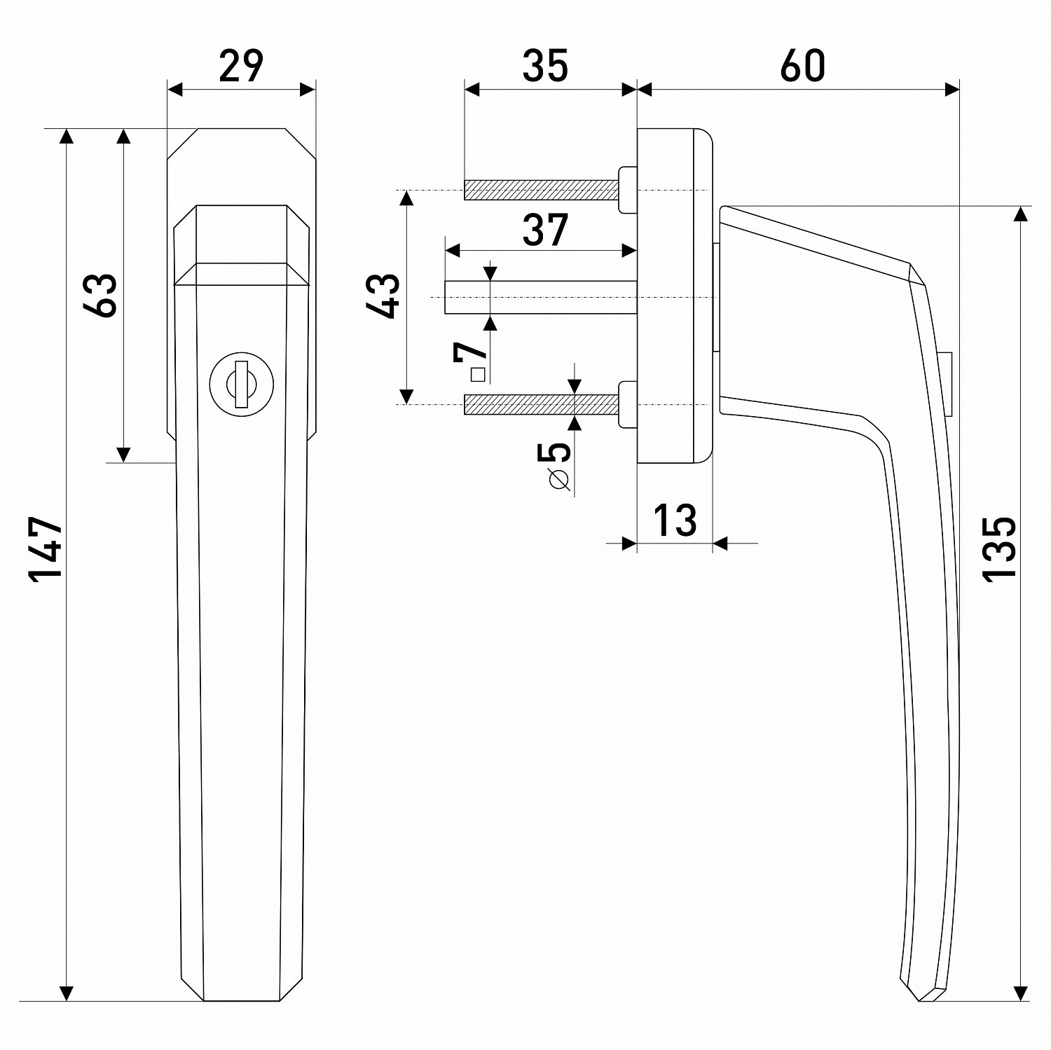 Ручка оконная с ключом, белая квадратная  (SWH37)