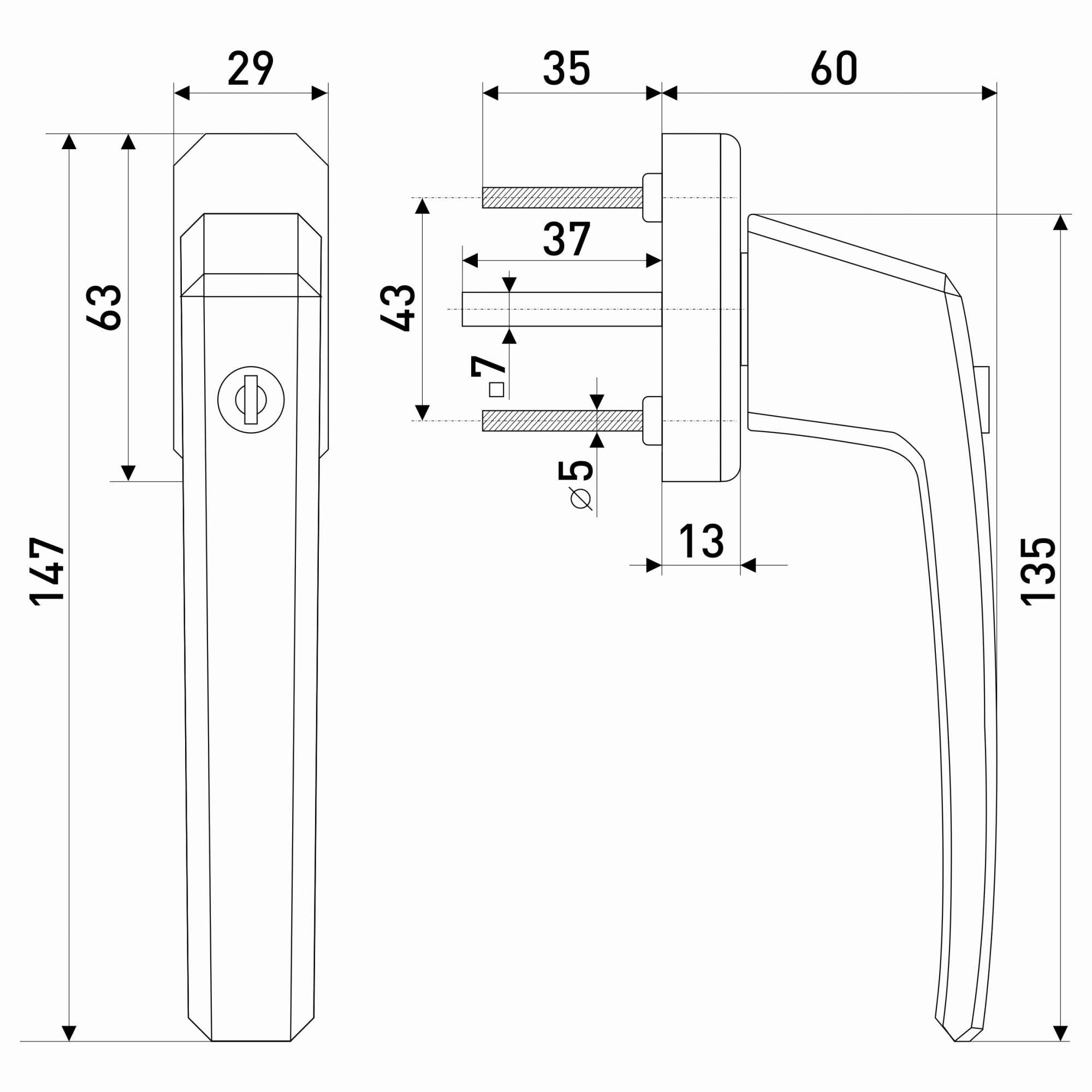 Ручка оконная с ключом, белая квадратная  (SWH37)